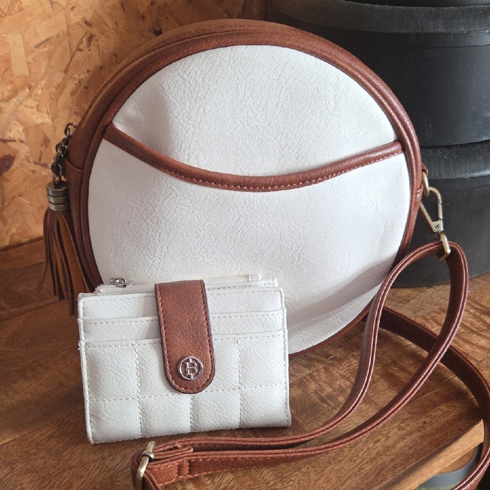 Elegant White and Brown Round Crossbody Bag And Wallet. Final Markdown